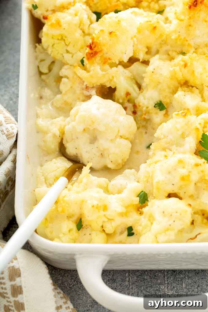 Creamy Cauliflower Gratin with Golden Cheese Crust 10 A close up view of a spoon full of cauliflower gratin in a baking dish.