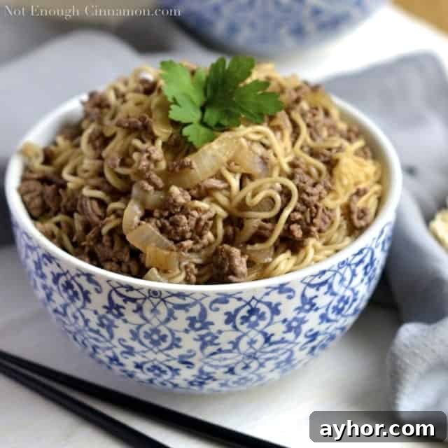 Asian Beef Noodles served in a Chinese noodle bowl with a fresh cilantro leave on top