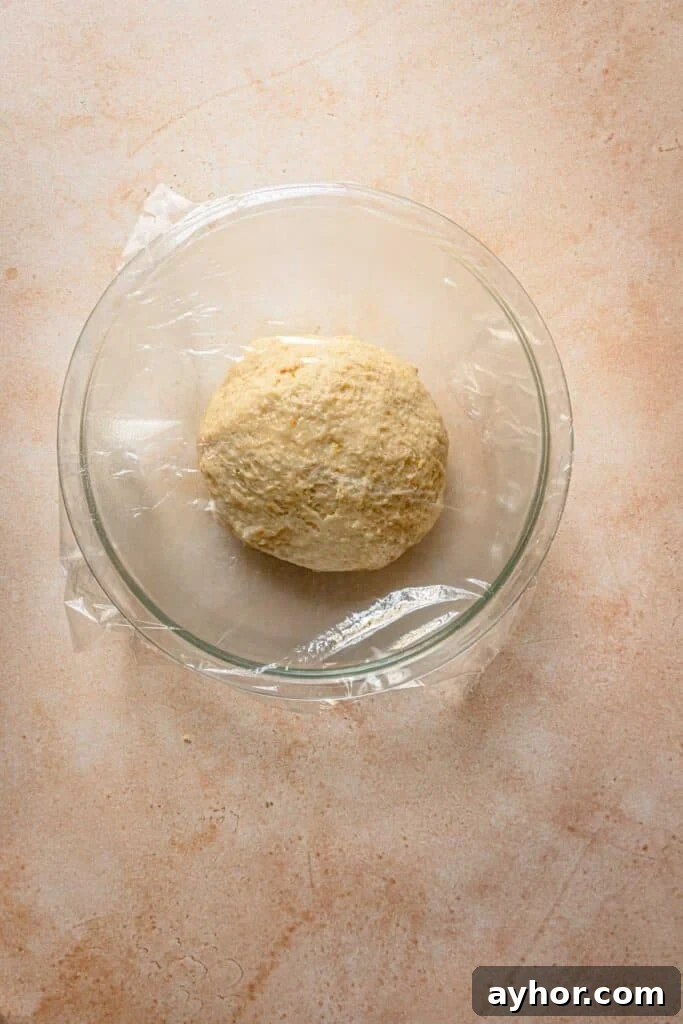 a bowl with a ball of dough topped with plastic wrap.