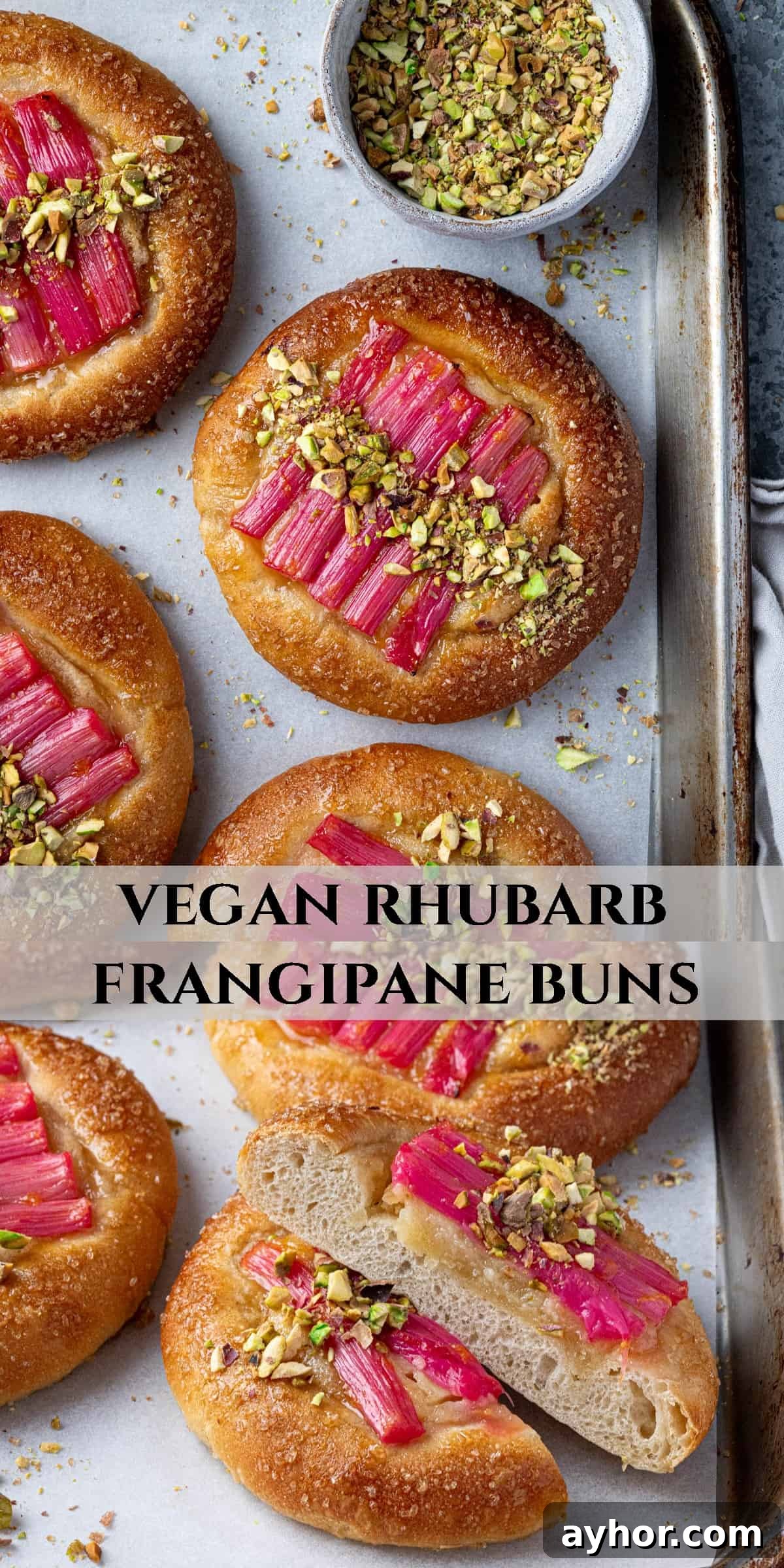 Vegan Rhubarb Frangipane Buns Recipe: Flaky Pastries with Almond Filling 19 Pinterest collage image.