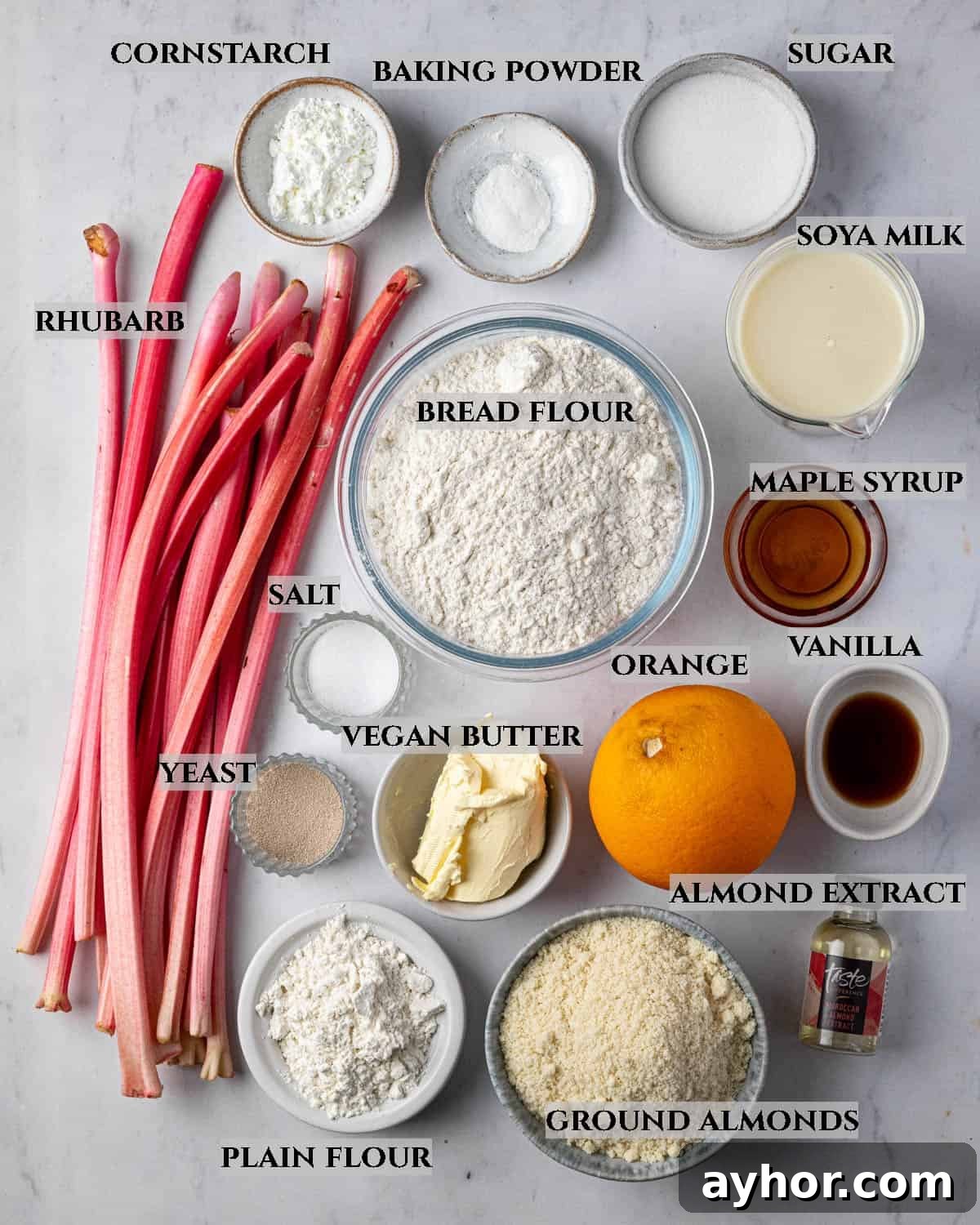 Vegan Rhubarb Frangipane Buns Recipe: Flaky Pastries with Almond Filling 3 A labelled photo of the ingredients needed to make rhubarb frangipane buns.