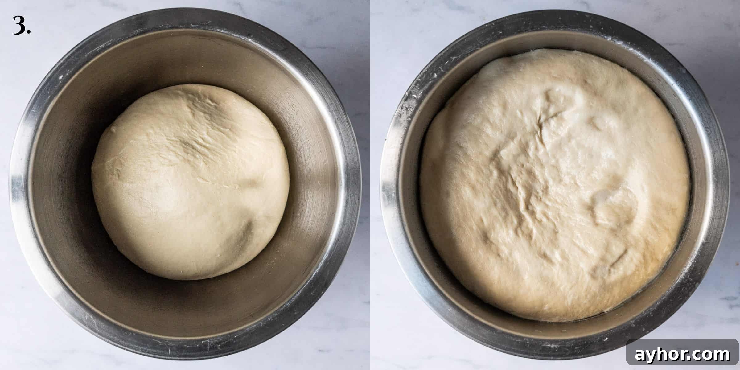 Vegan Rhubarb Frangipane Buns Recipe: Flaky Pastries with Almond Filling 7 Step 3, the dough before and after rising.