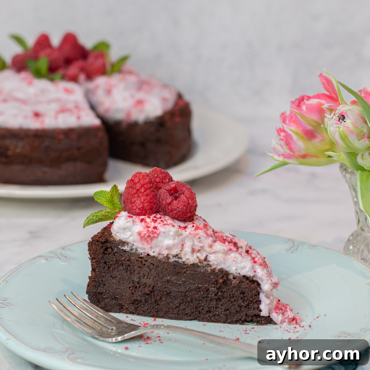 Flourless Chocolate Mousse Cake with Crushed Raspberry Coconut Whipped Cream