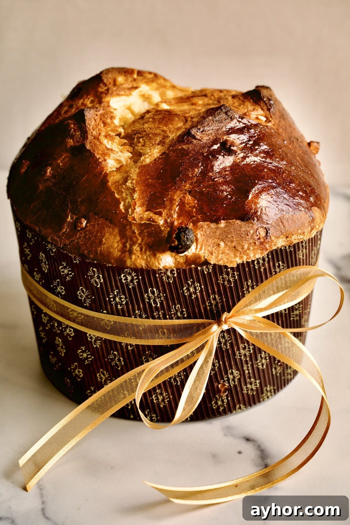 Classic Italian Panettone Recipe: Authentic Holiday Sweet Bread 2 traditional panettone recipe in a paper mold with a ribbon tied around it.
