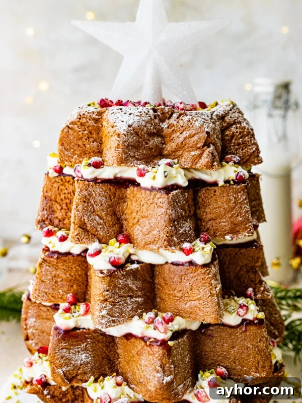 Classic Italian Panettone Recipe: Authentic Holiday Sweet Bread 22 Pandoro Christmas tree cake topped with a large white star.