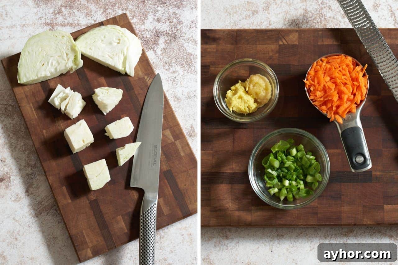 Two photos side by side, on the left, cabbage cut into large chunks on a cutting board with a knife, on the right, small bowls of grated garlic and ginger, scallions, and a measuing cup full of grated carrots.