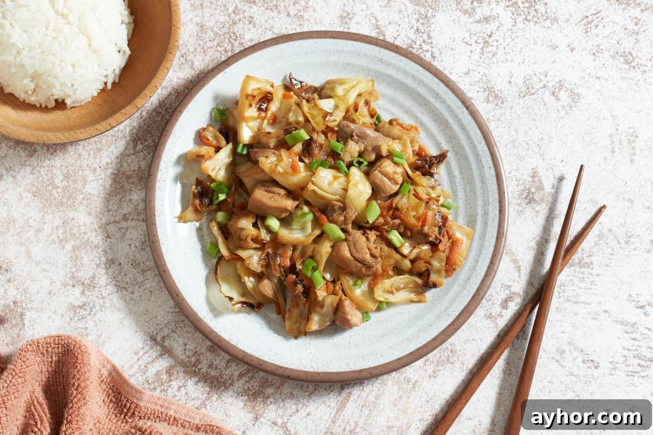Chicken cabbage stir fry on a white plate, a bowl of rice is in the upper right corner.