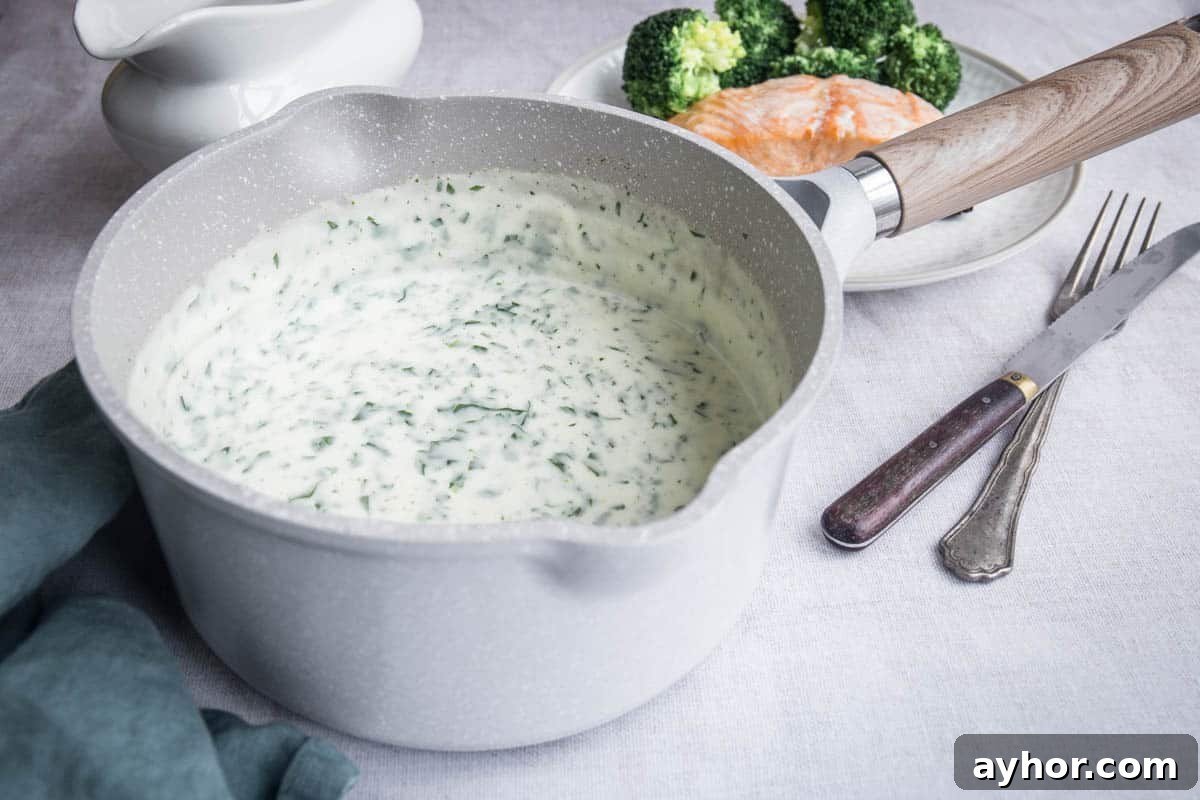 Parsley sauce in a saucepan