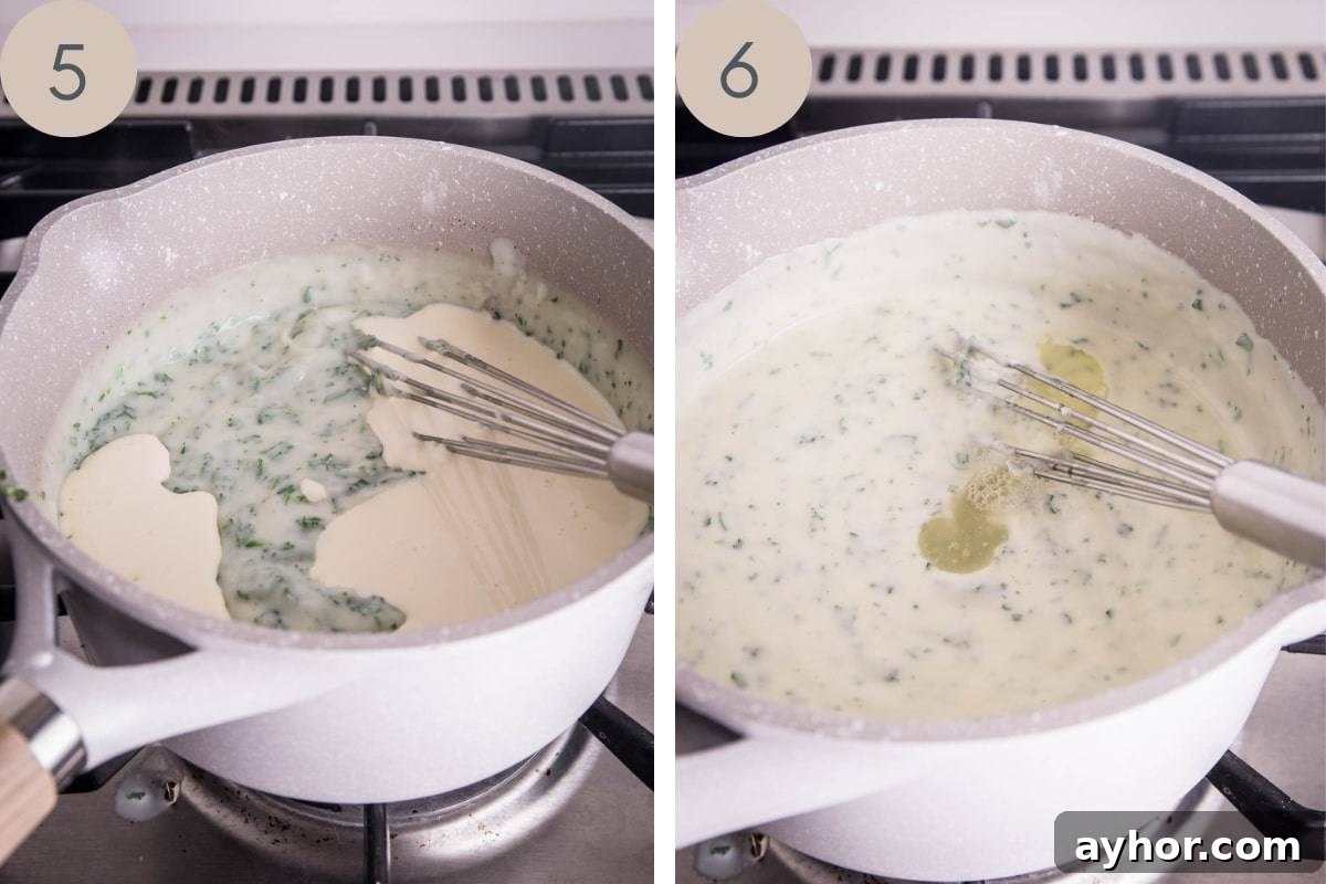 parsley sauce being made in a saucepan. Cream being added to sauce in one image and lemon juice added in another.