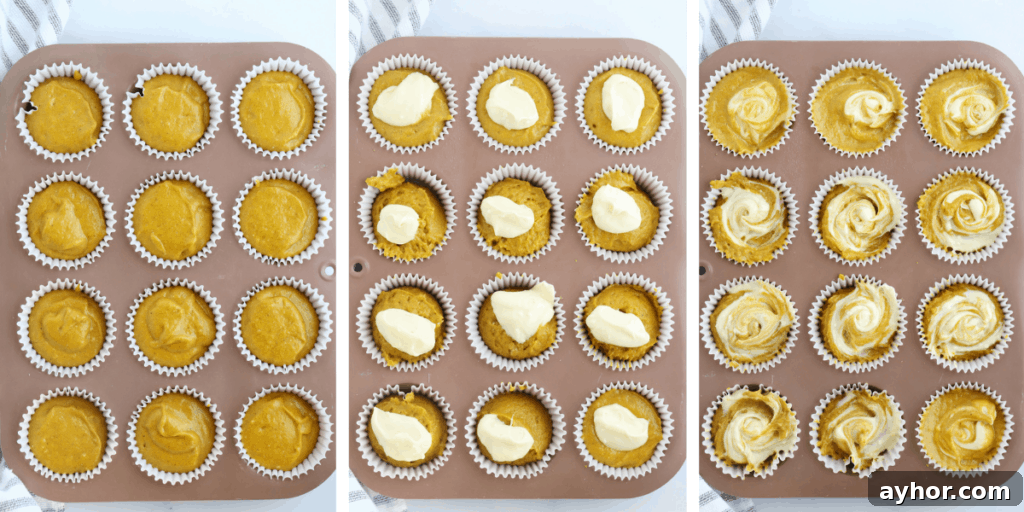 Three photos of cream cheese mixture being swirled into pumpkin muffin batter.