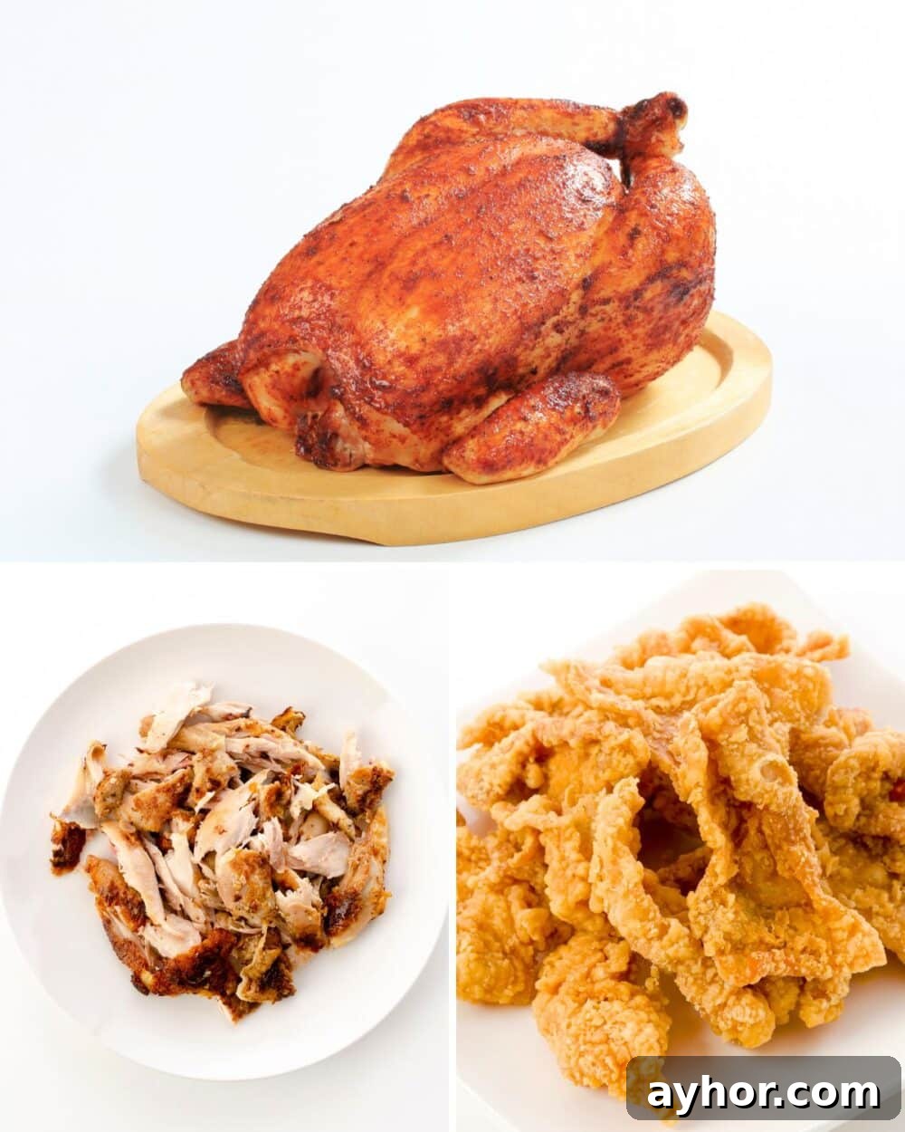 roasted chicken, chicken skins, and shredded chicken