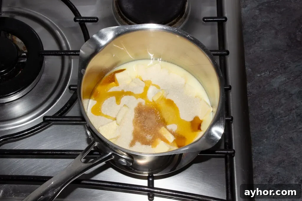 Condensed milk, butter, sugar, golden syrup, vanilla and salt in a medium saucepan on the hob.