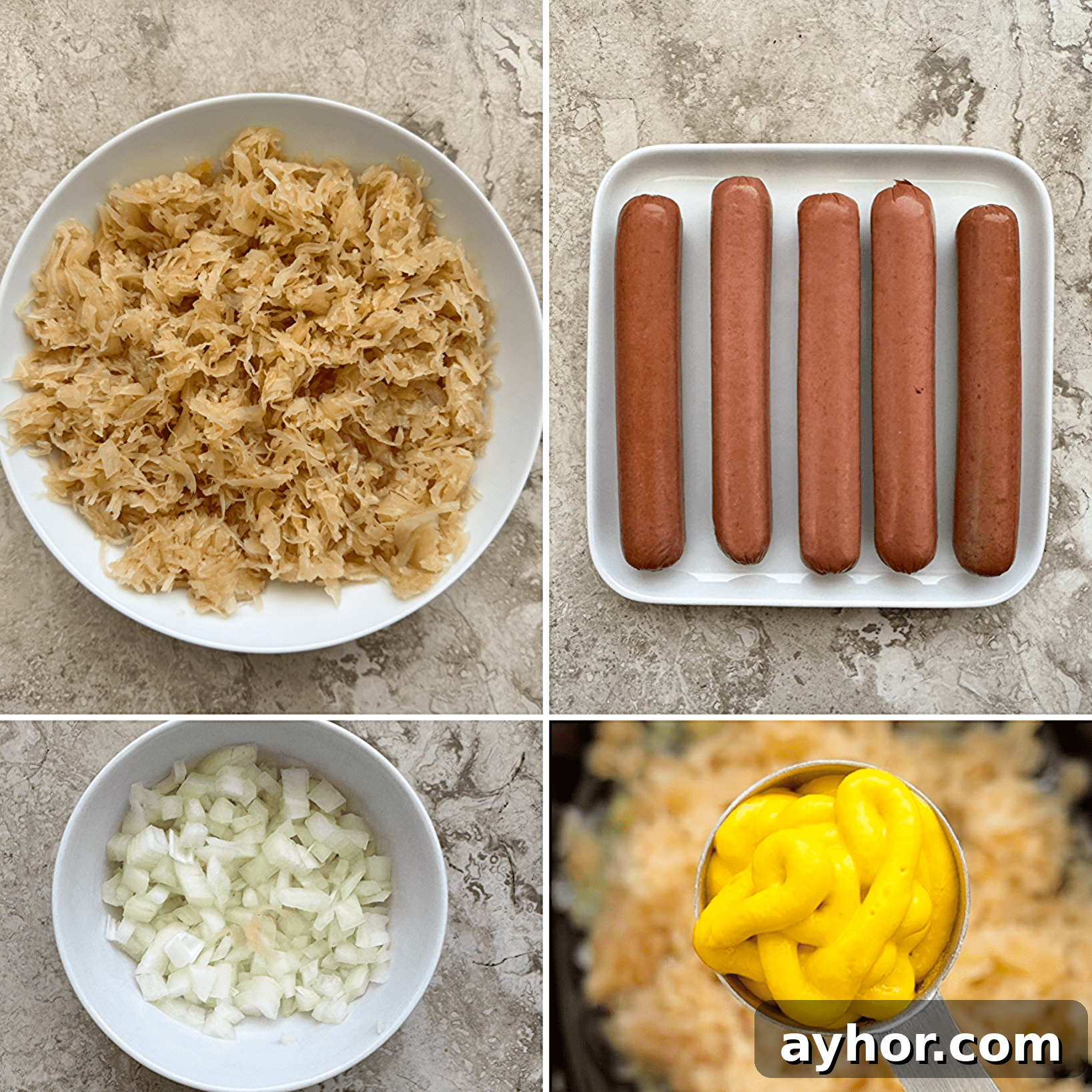 collage of ingredients for Slow Cooker Kraut Dogs 