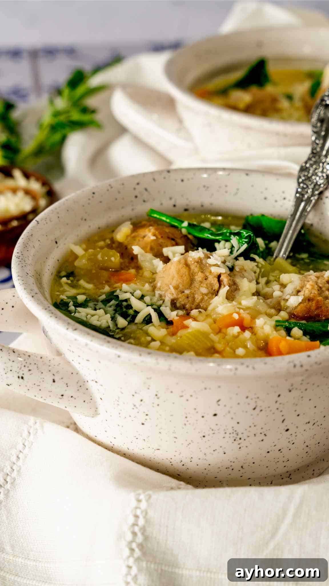 Instant Pot Italian Wedding Soup Recipe — Quick Family-Style Meal 2 Italian Wedding Soup in the Instant Pot garnished with Parmesan.