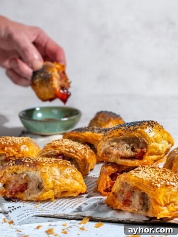 Mini sausage rolls on a white background with a hand dipping a sausage roll into tomato sauce.