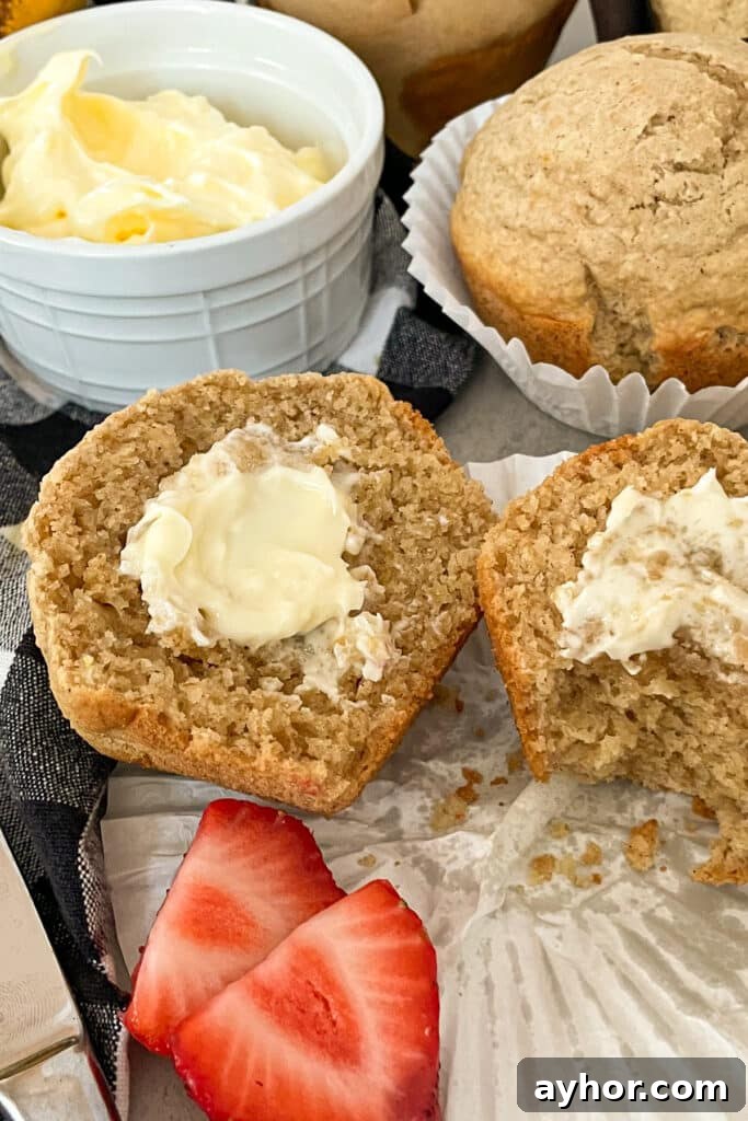 Moist Oat Bran Muffins Recipe for Fiber-Rich Breakfast 4 Healthy bran muffin with butter and strawberries for serving.