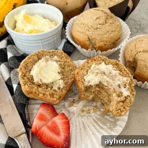 Moist Oat Bran Muffins Recipe for Fiber-Rich Breakfast 5 Healthy bran muffin with butter and strawberries for serving.