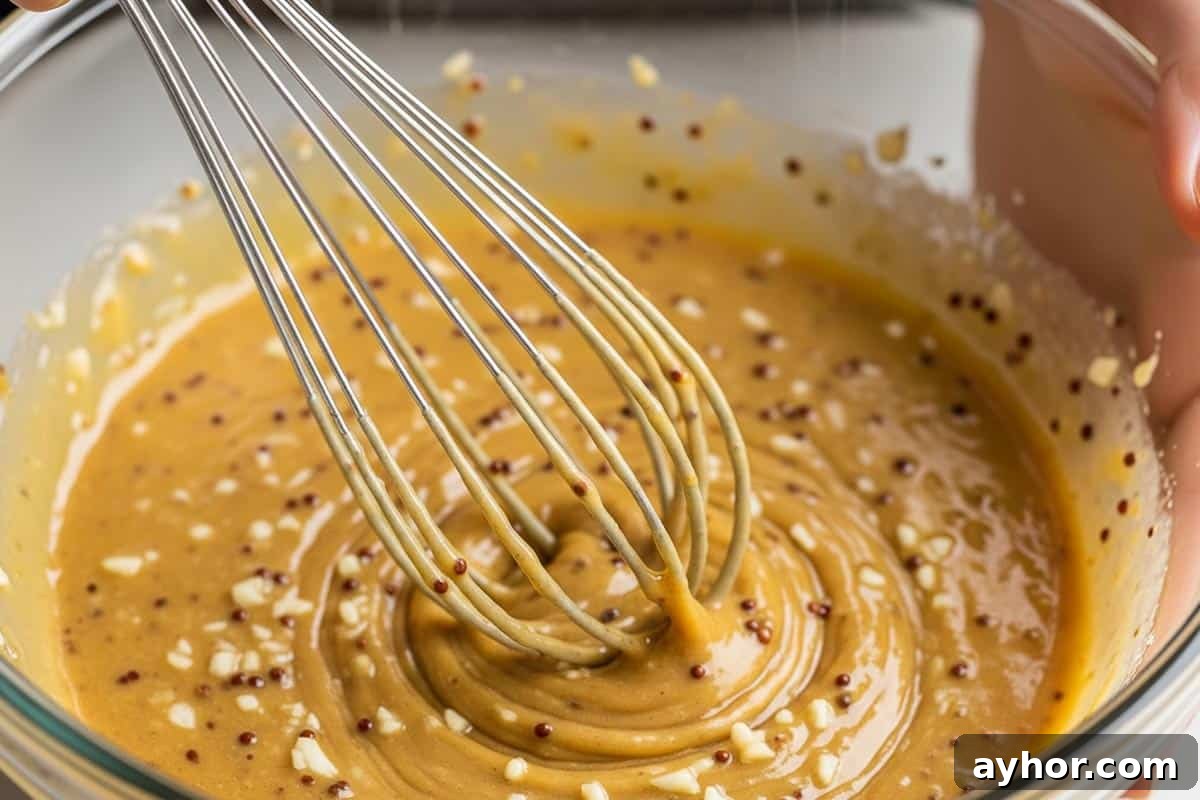 Honey, whole grain mustard, Dijon, olive oil, vinegar, garlic, and salt whisked in a bowl.