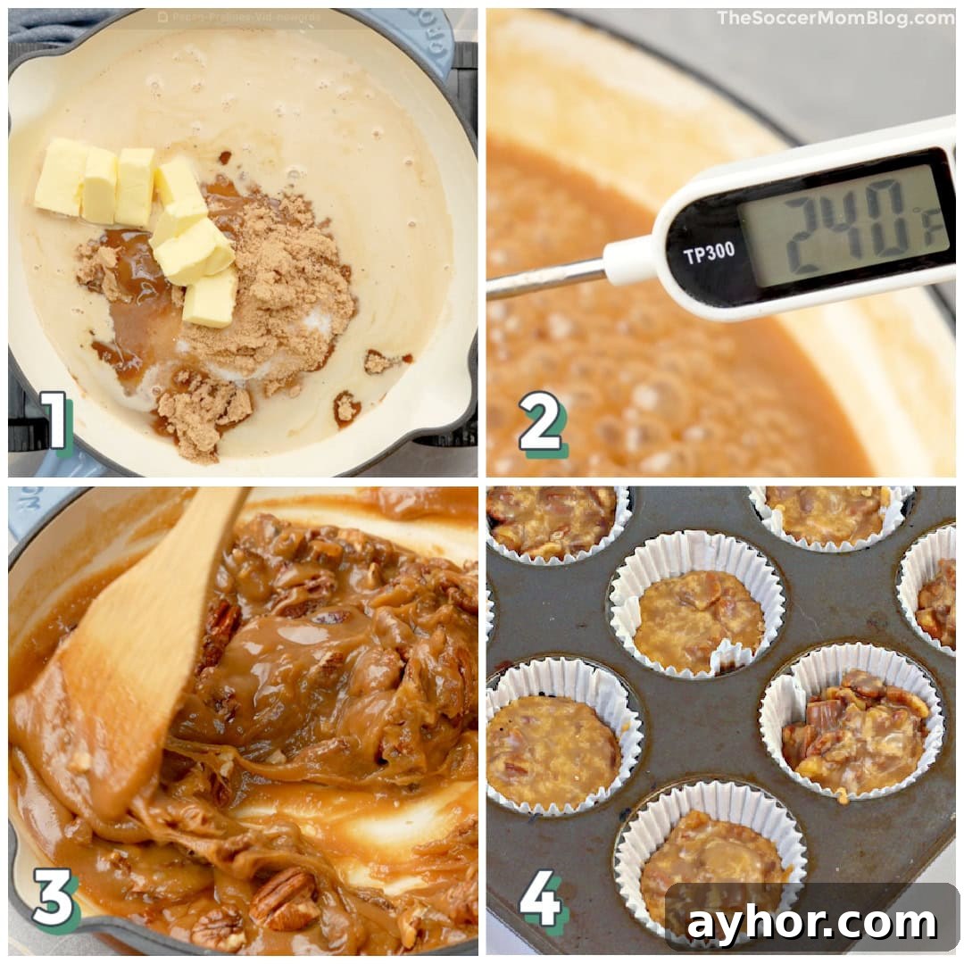 4 step photo collage showing how to make pecan praline candy.