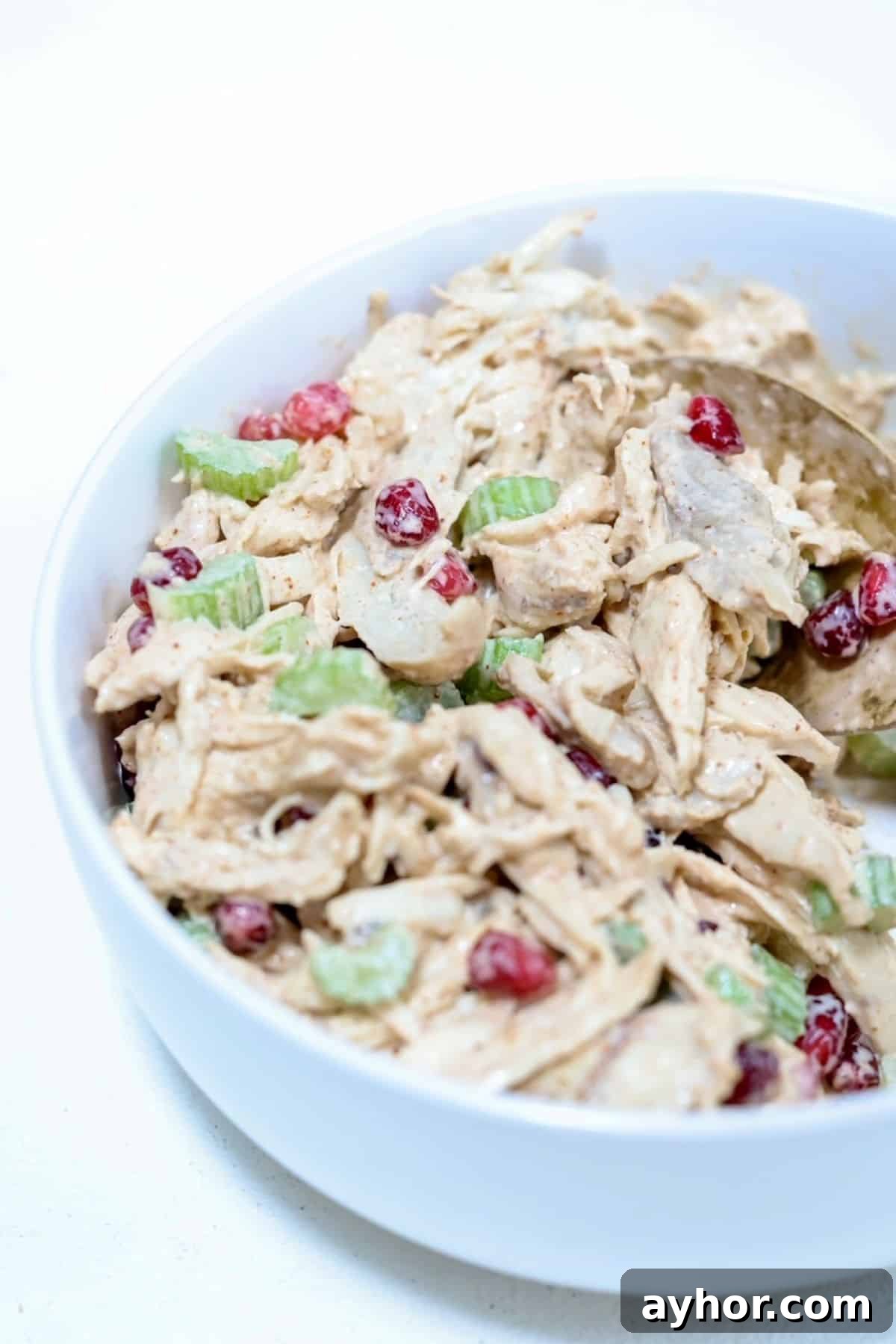 Pomegranate Chicken Salad with Yogurt Dressing and Greens 2 Chicken salad with pomegranate seeds in a white serving bowl with a gold spoon.