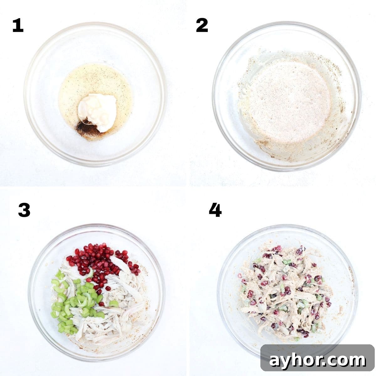 Pomegranate Chicken Salad with Yogurt Dressing and Greens 4 Four numbered images showing how to make chicken pomegranate salad.