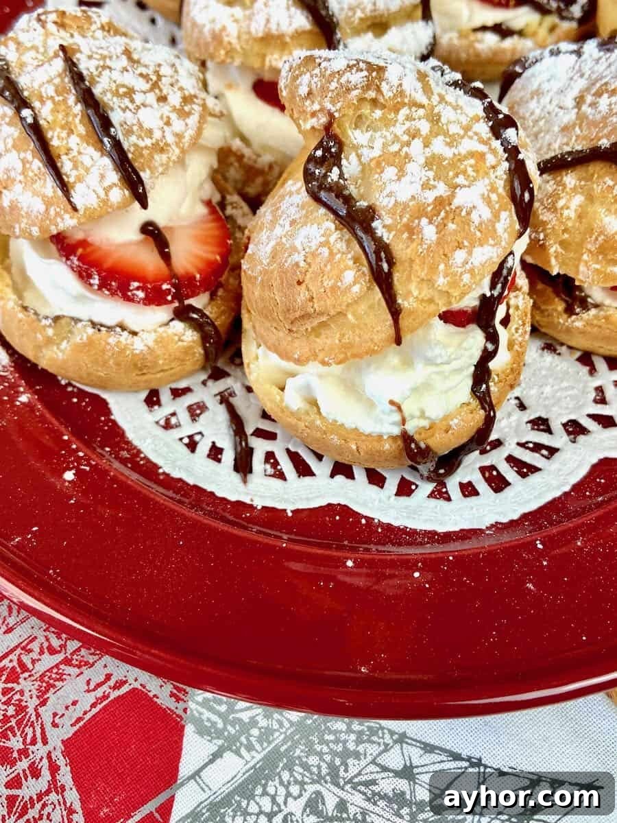 Classic Cream Puff Recipe: Homemade Choux Pastry Dessert 2 Cream puffs on red plate.