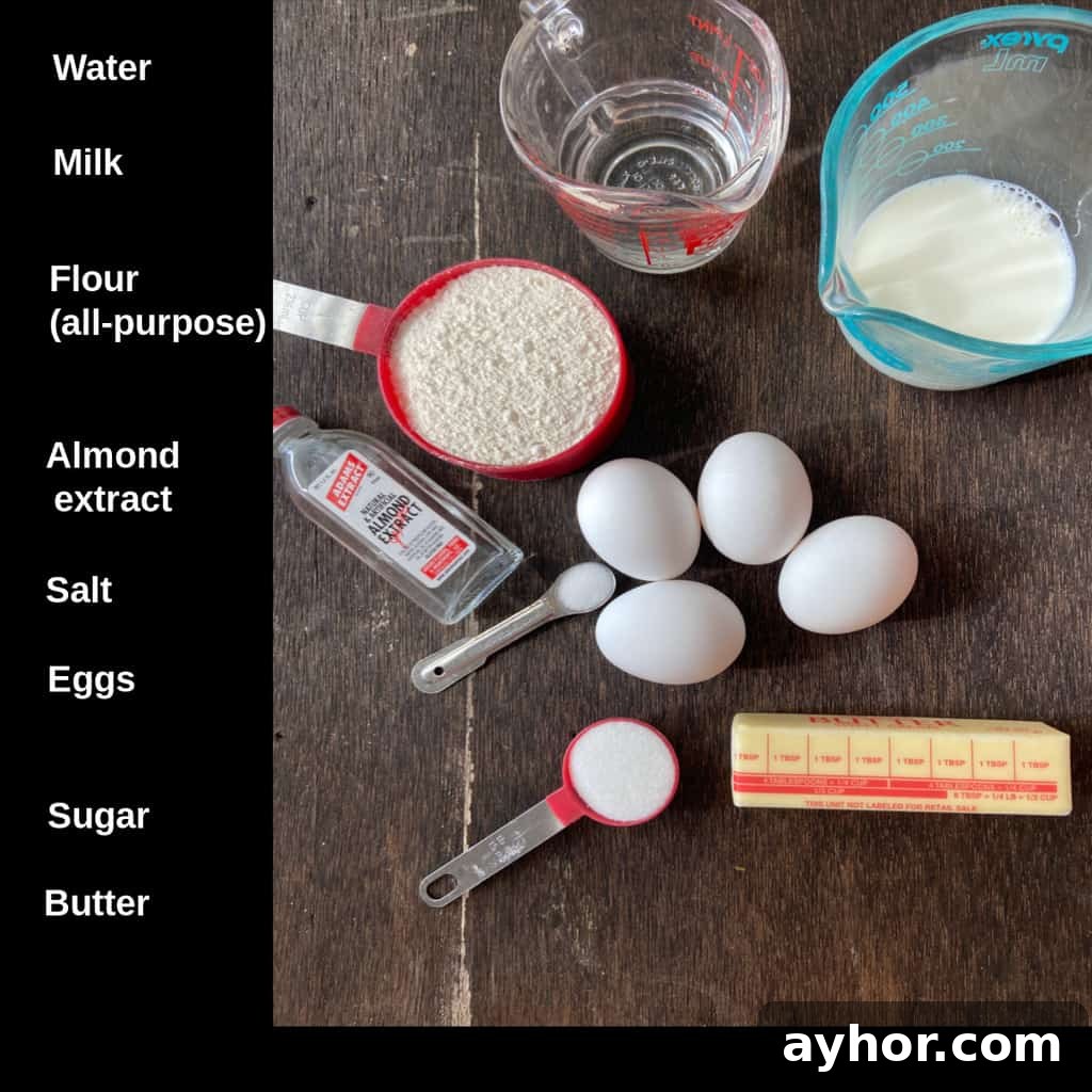 Classic Cream Puff Recipe: Homemade Choux Pastry Dessert 3 Cream puff ingredients labeled on counter.