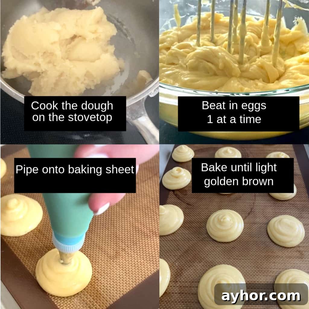 Classic Cream Puff Recipe: Homemade Choux Pastry Dessert 4 Four images showing how to make cream puff pastry dough.