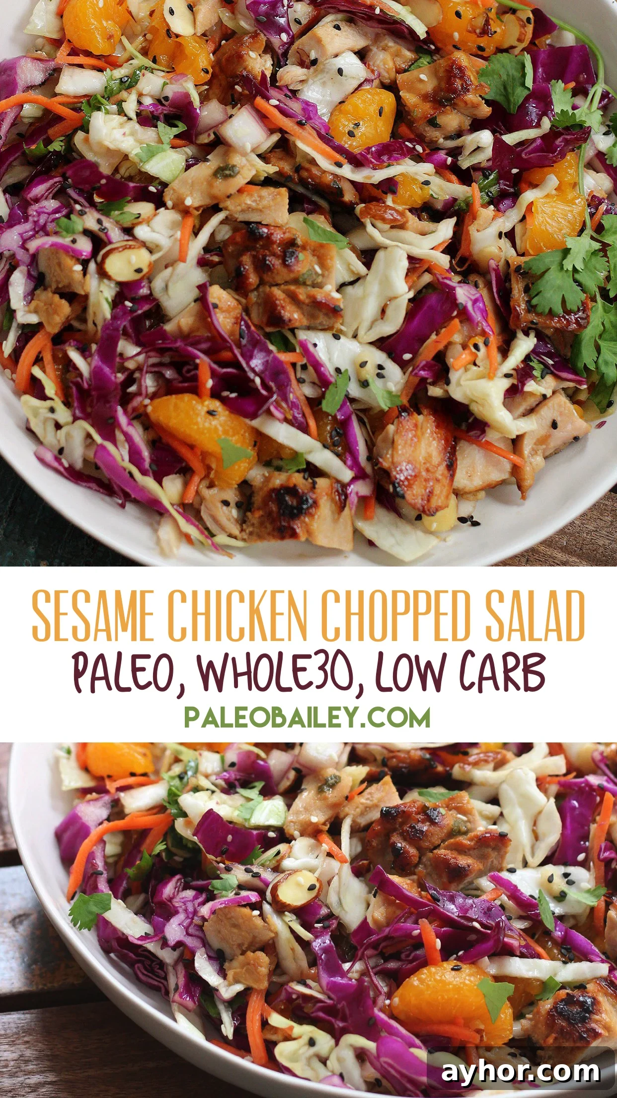 Sesame Chicken Chopped Salad — Paleo & Whole30-Friendly 2 Healthy Sesame Chicken Chopped Salad is an easy paleo salad recipe, and an easy low carb option! The sesame chicken is a great Whole30 meat marinade for grilled chicken, too! It's a family friendly recipe everyone will love #paleosalad #whole30 #whole30salad via @paleobailey