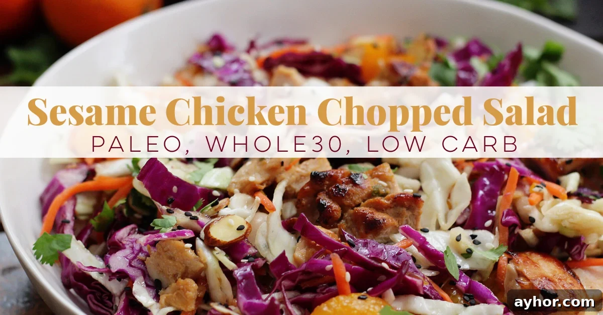 Sesame Chicken Chopped Salad — Paleo & Whole30-Friendly 5 Healthy Sesame Chicken Chopped Salad is an easy paleo salad recipe, and an easy low carb option! The sesame chicken is a great Whole30 meat marinade for grilled chicken, too! It's a family friendly recipe everyone will love #paleosalad #whole30 #whole30salad via @paleobailey