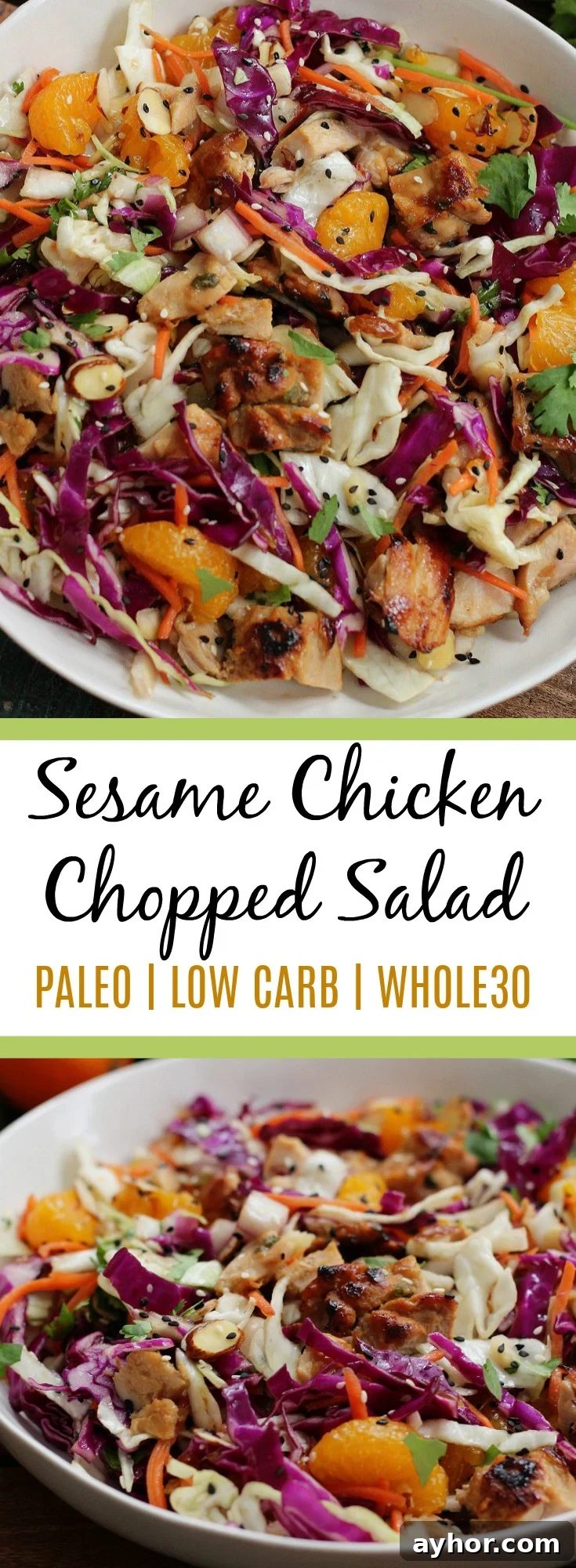 Sesame Chicken Chopped Salad — Paleo & Whole30-Friendly 6 Healthy Sesame Chicken Chopped Salad is an easy paleo salad recipe, and an easy low carb option! The sesame chicken is a great Whole30 meat marinade for grilled chicken, too! It's a family friendly recipe everyone will love #paleosalad #whole30 #whole30salad via @paleobailey
