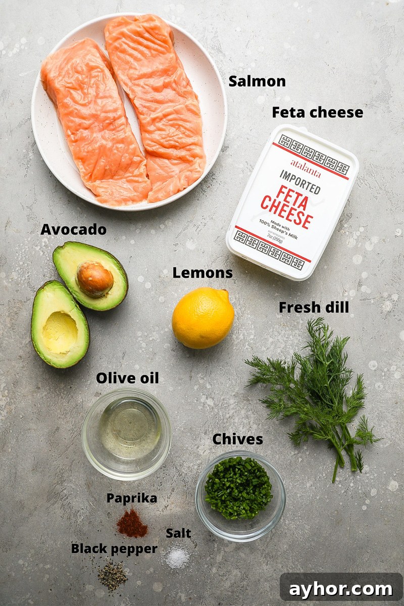 Baked Salmon with Creamy Avocado and Feta Crumble 3 Ingredients used to make baked salmon with avocado and feta topping