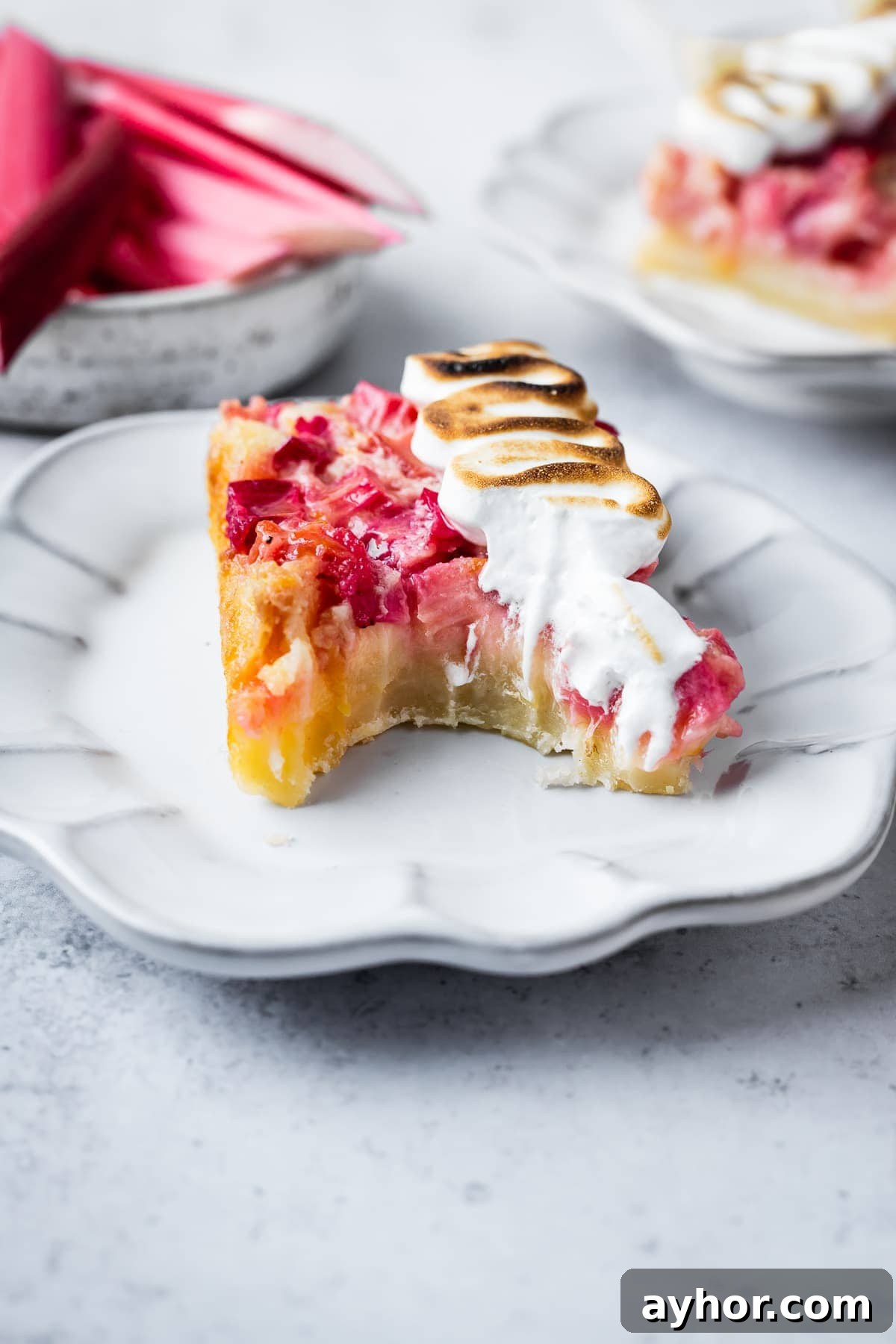 Lemon Rhubarb Bars Recipe with Buttery Shortbread Crust 5 Side view of a lemon rhubarb bar on a plate with a bite taken out of it.