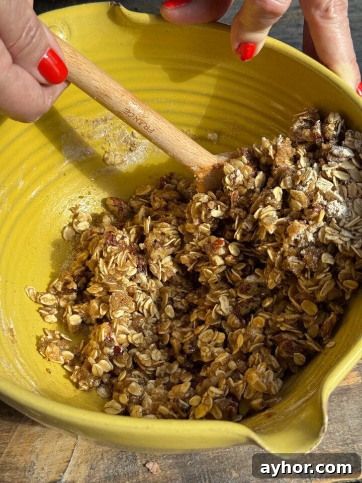 Gluten-Free Apple Crumble Recipe: Crispy Topping, Tender Apples 6 a photo of the oat mixture in a bowl being stirred