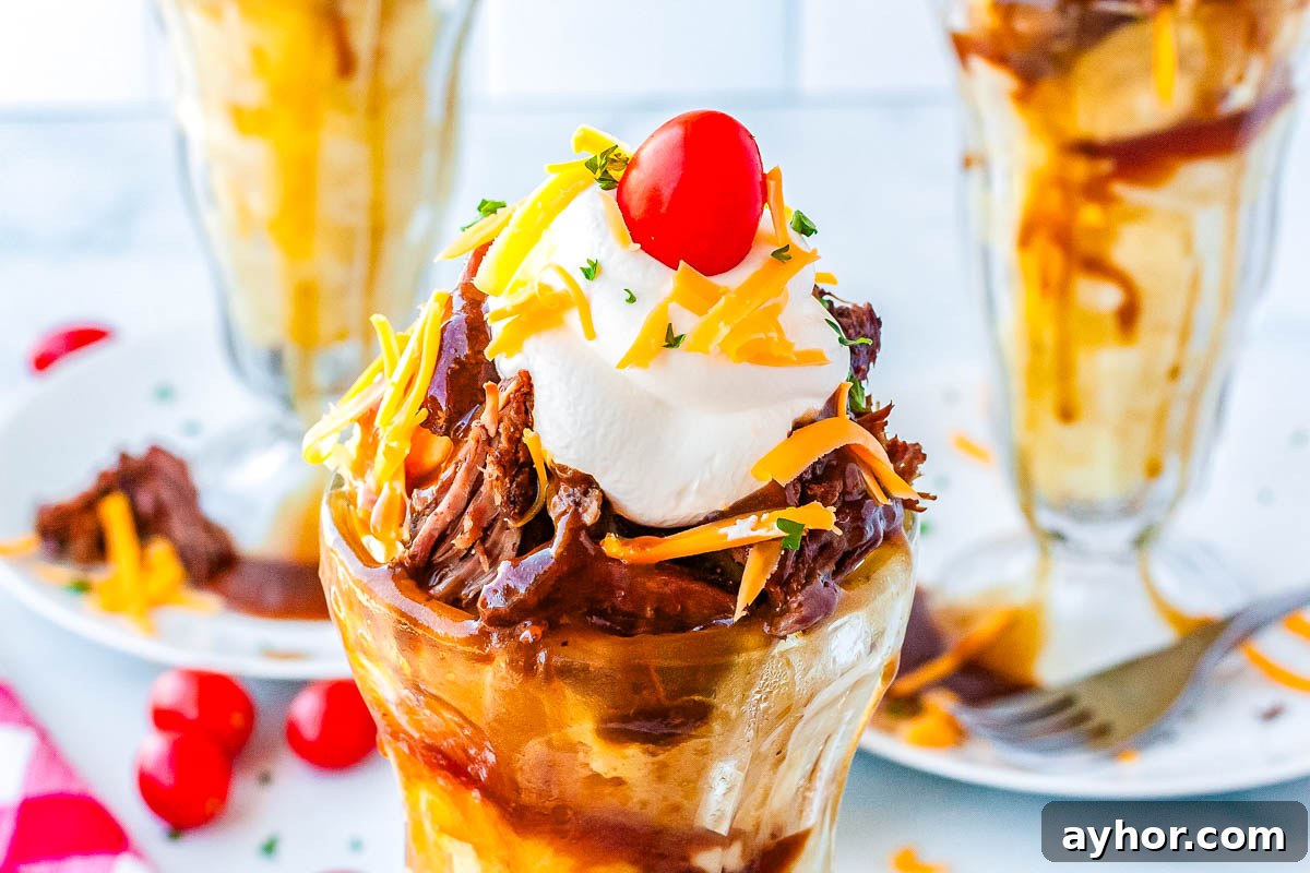 The finished beef sundae in a sundae glass.