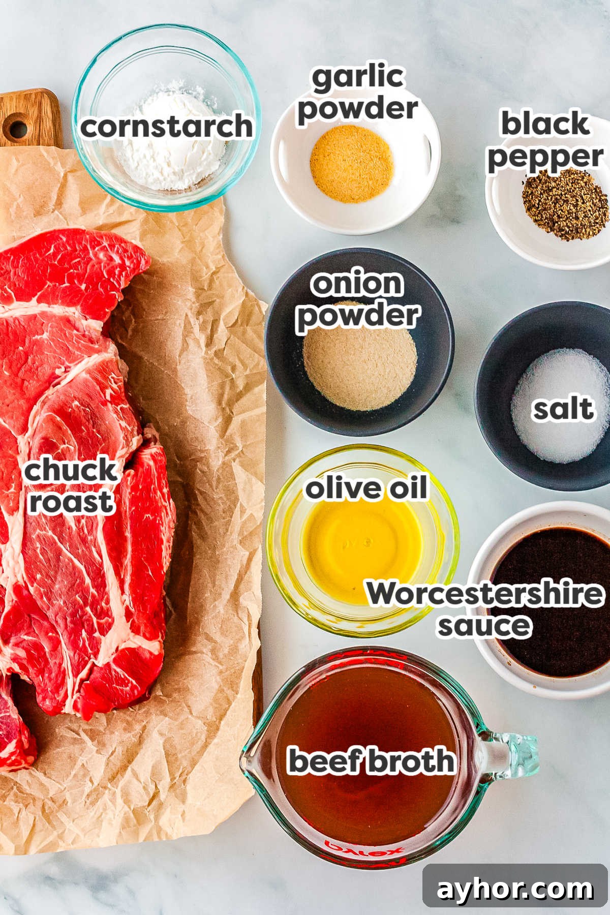 The hot beef sundae recipe ingredients with text overlay labeling each.