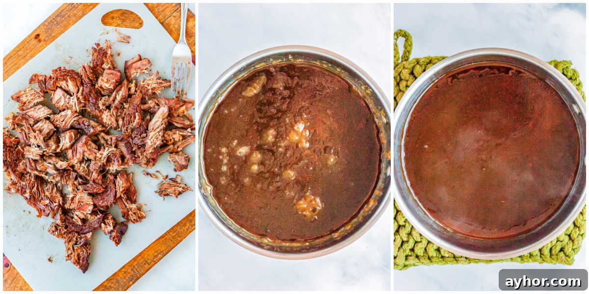 The cooked beef pot roast shredded, and the gravy strained and heated until thickened.