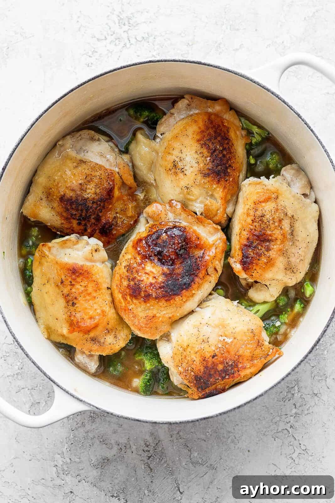 Dutch oven with the chicken thighs added back in.