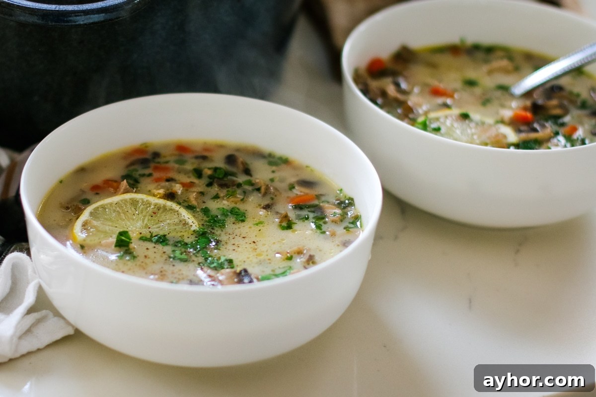 Mushroom, Rice & Turkey Soup from Leftover Roast 2 two bowls of Turkey Soup with a slice of lemon in one.