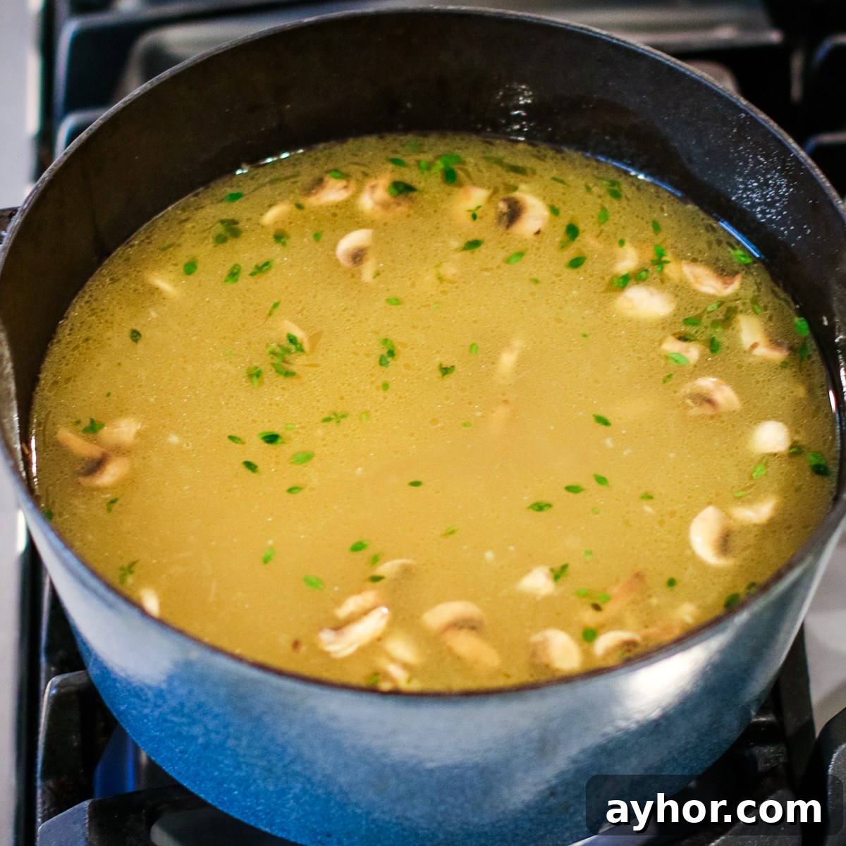 Mushroom, Rice & Turkey Soup from Leftover Roast 11 A pot with turkey stock, mushrooms, and vegetables