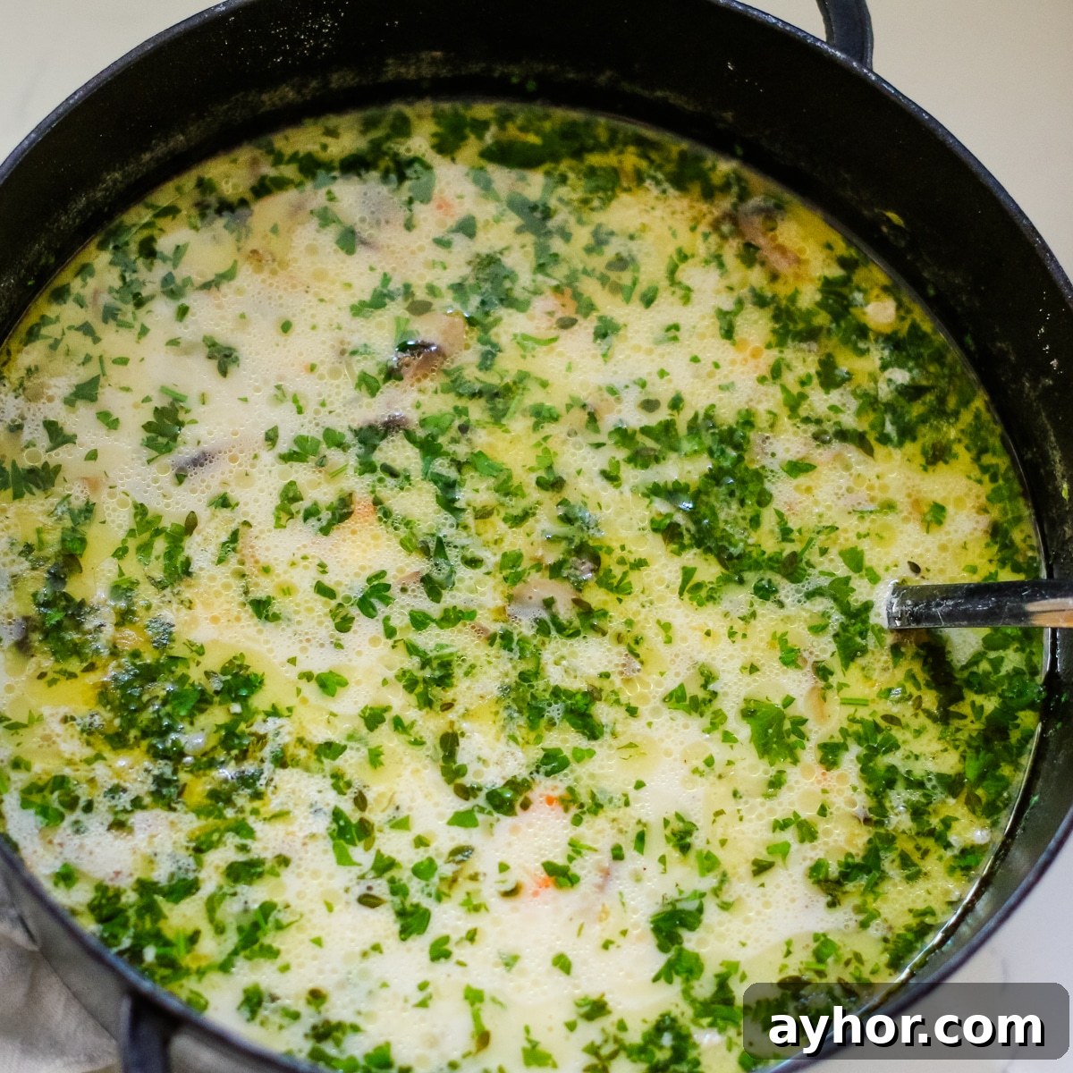 Mushroom, Rice & Turkey Soup from Leftover Roast 12 Turkey soup in a pot with a ladle.