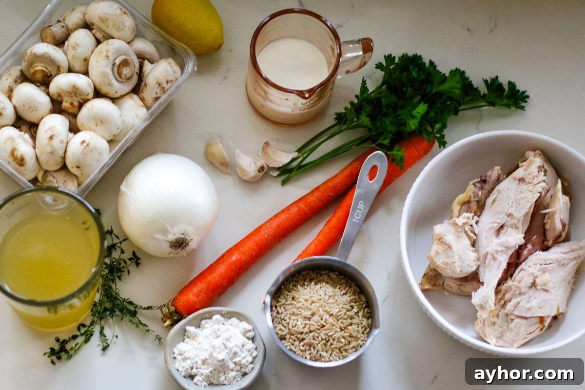 Mushroom, Rice & Turkey Soup from Leftover Roast 4 Butter, onion, carrots, white mushroom, thyme sprigs, garlic cloves, flour, brown rice, quarts turkey stock, turkey meat, heavy cream, lemon, parsley as ingredients for leftover turkey soup recipe.
