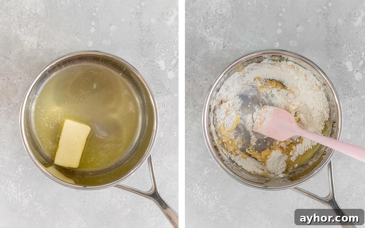 Set of two photos showing butter melting in a pot and flour added to it.