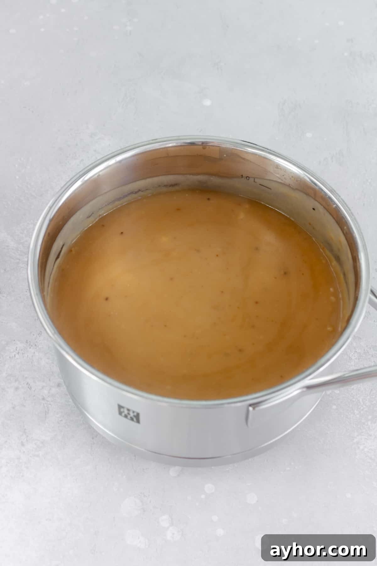 A pot of brown gravy made without drippings.