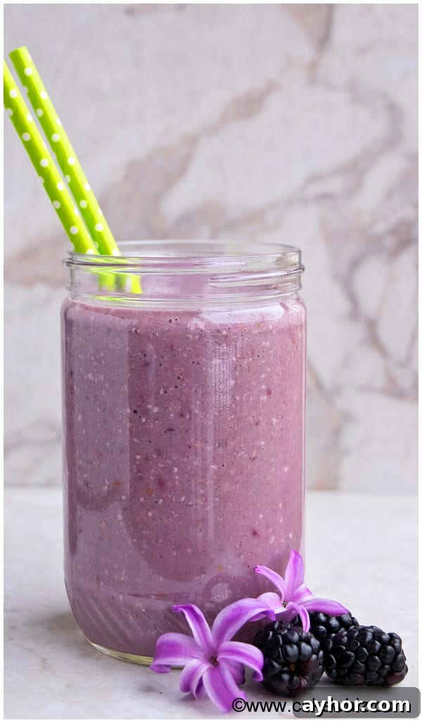 Creamy Blackberry Smoothie Recipe for Breakfast or Snacks 3 Closeup Shot of Breakfast Smoothie on Marble Background.