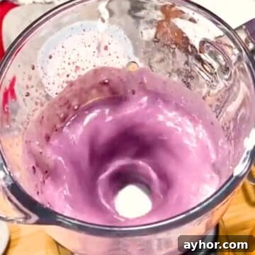 Creamy Blackberry Smoothie Recipe for Breakfast or Snacks 5 Ingredients mixing in blender.