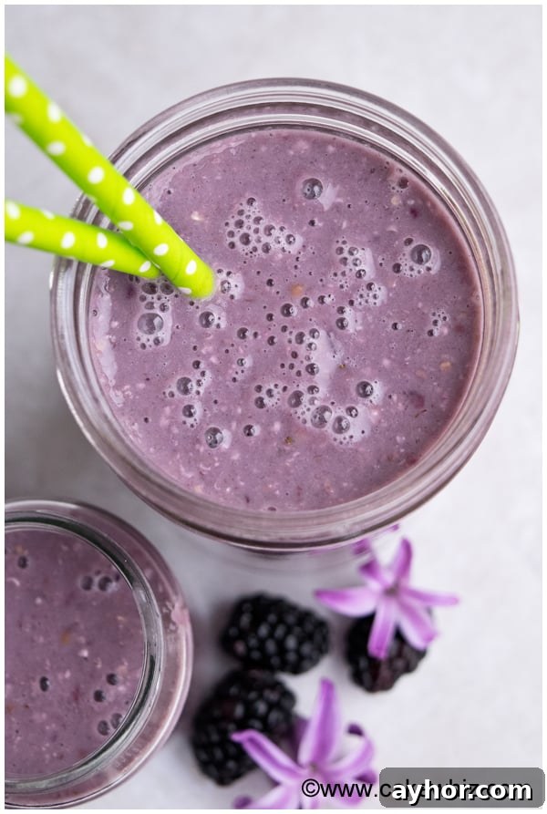 Creamy Blackberry Smoothie Recipe for Breakfast or Snacks 6 Overhead Shot of Bubbles in Smoothie Jars.