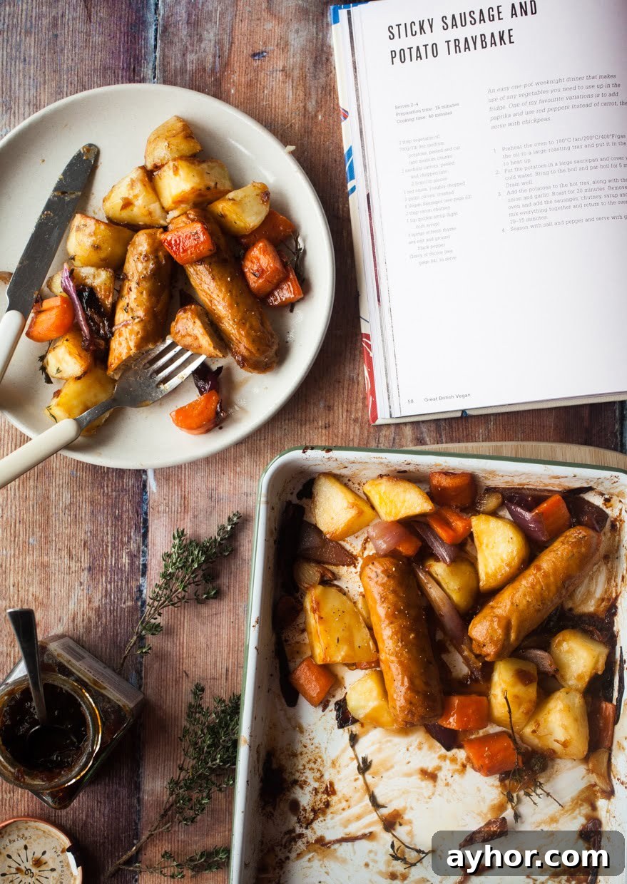 Sticky Vegan Sausage Tray Bake with Maple Glaze and Veggies 2 Sticky Veggie Sausage Traybake from Great British Vegan by Aimee Ryan