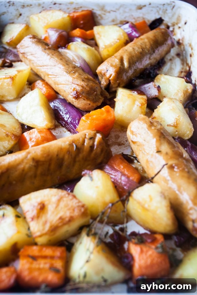 Sticky Vegan Sausage Tray Bake with Maple Glaze and Veggies 3 Sticky Veggie Sausage Traybake from Great British Vegan by Aimee Ryan