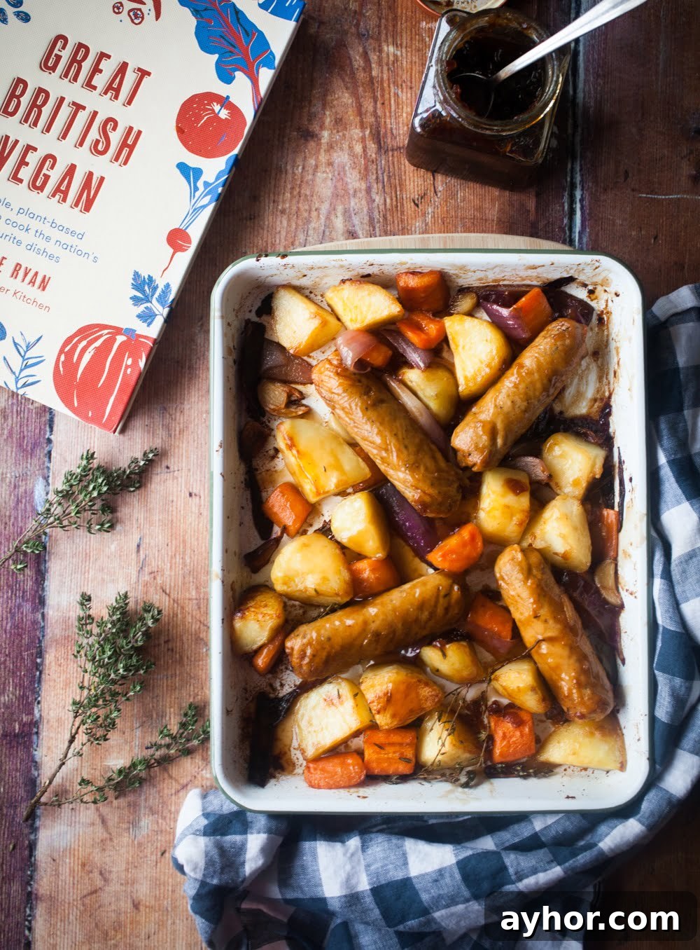 Sticky Vegan Sausage Tray Bake with Maple Glaze and Veggies 4 Sticky Sausage & Potato Traybake from Great British Vegan by Aimee Ryan